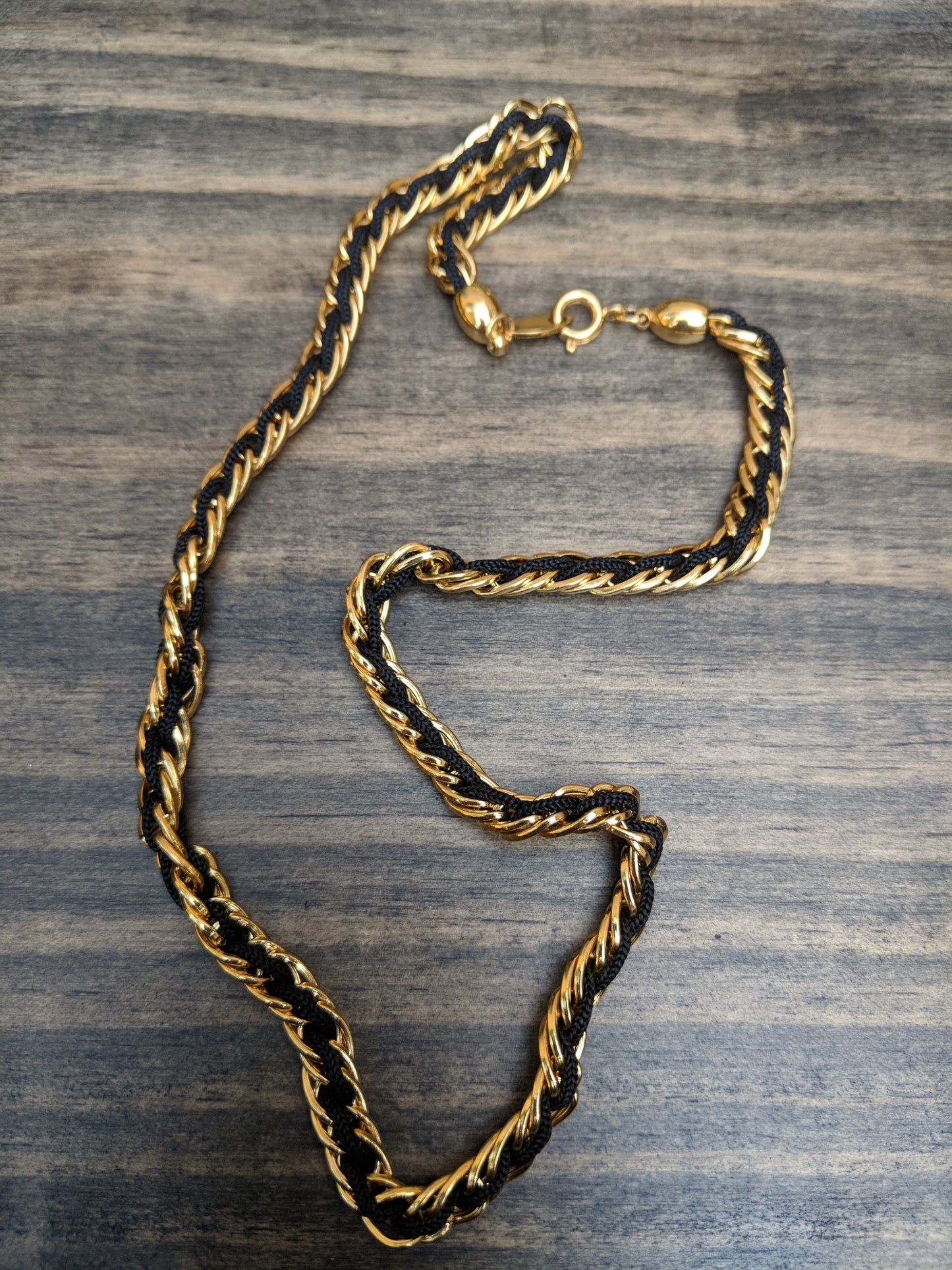 Vintage 80s Trifari Necklace Gold Tone Chain w/ Black Cord