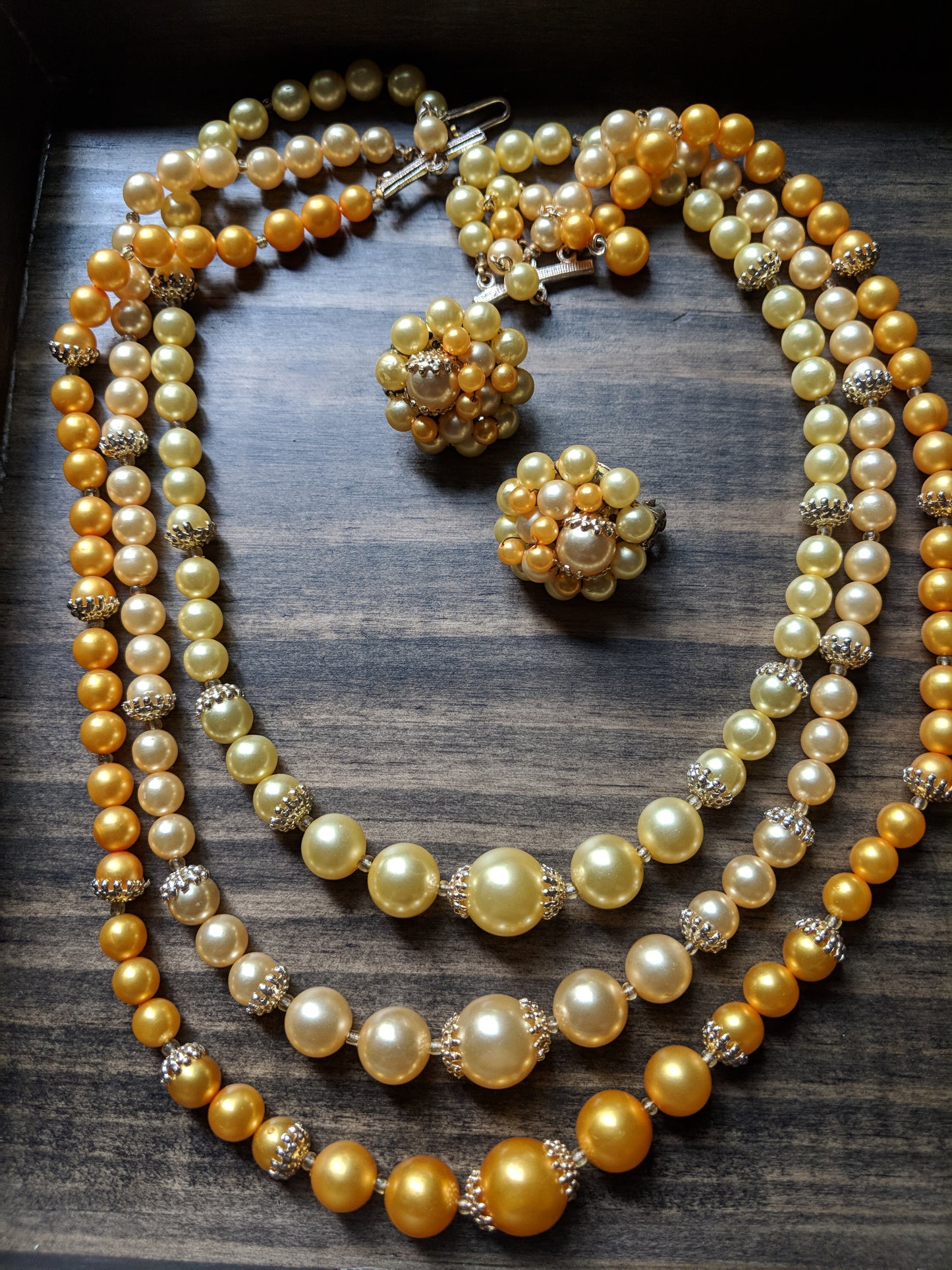 Vintage 50s 60s Multi Strand Necklace and Cluster Earrings Warm Yellow and Gold Tones