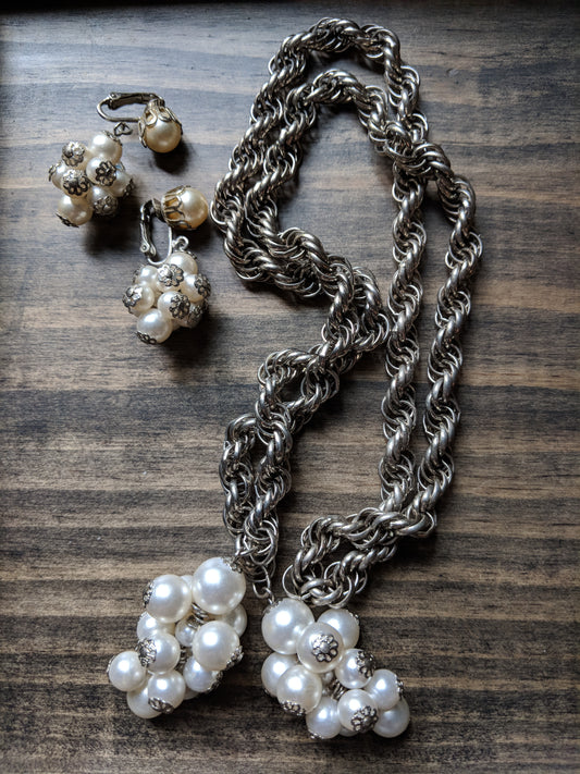 Vintage 30" Lariat Necklace w/ Pearl Clusters & Matching Earrings