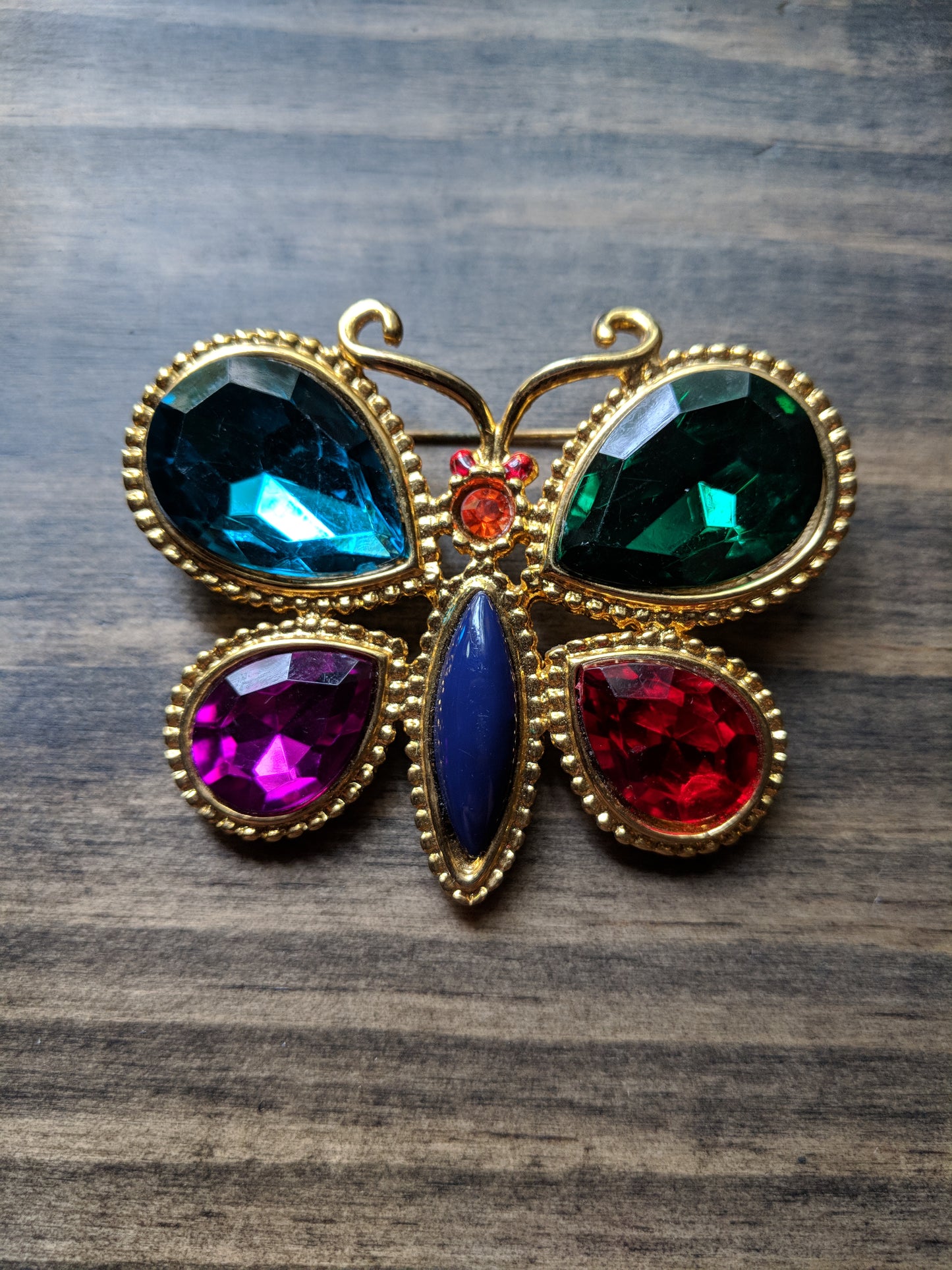 Vintage Brooch- Large Gold Tone Butterfly w/ Jewel Colored Plastic Accent