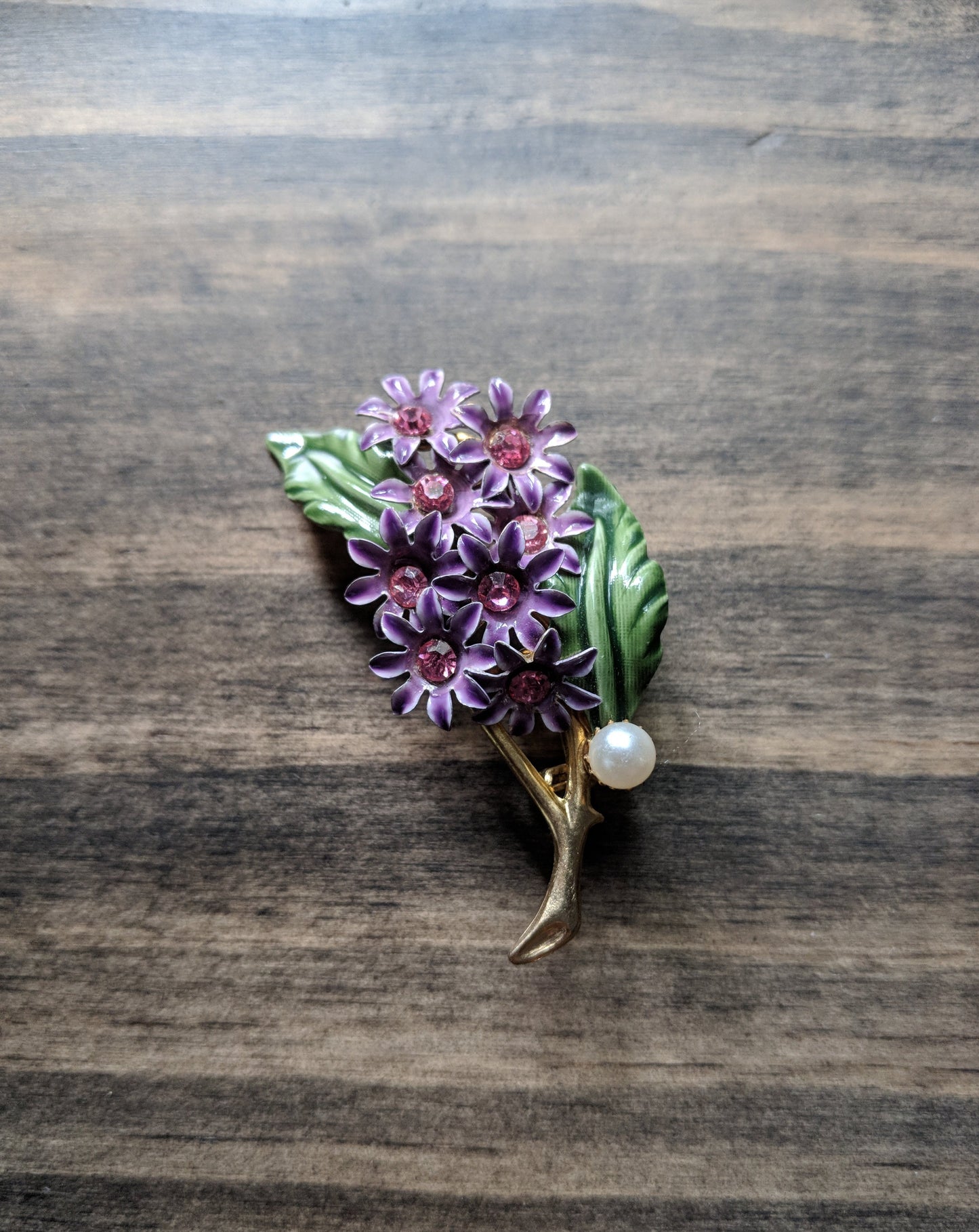 Vintage Brooch Purple Enamel Flower Bunch w/ Pink Rhinestone & Pearl Accent