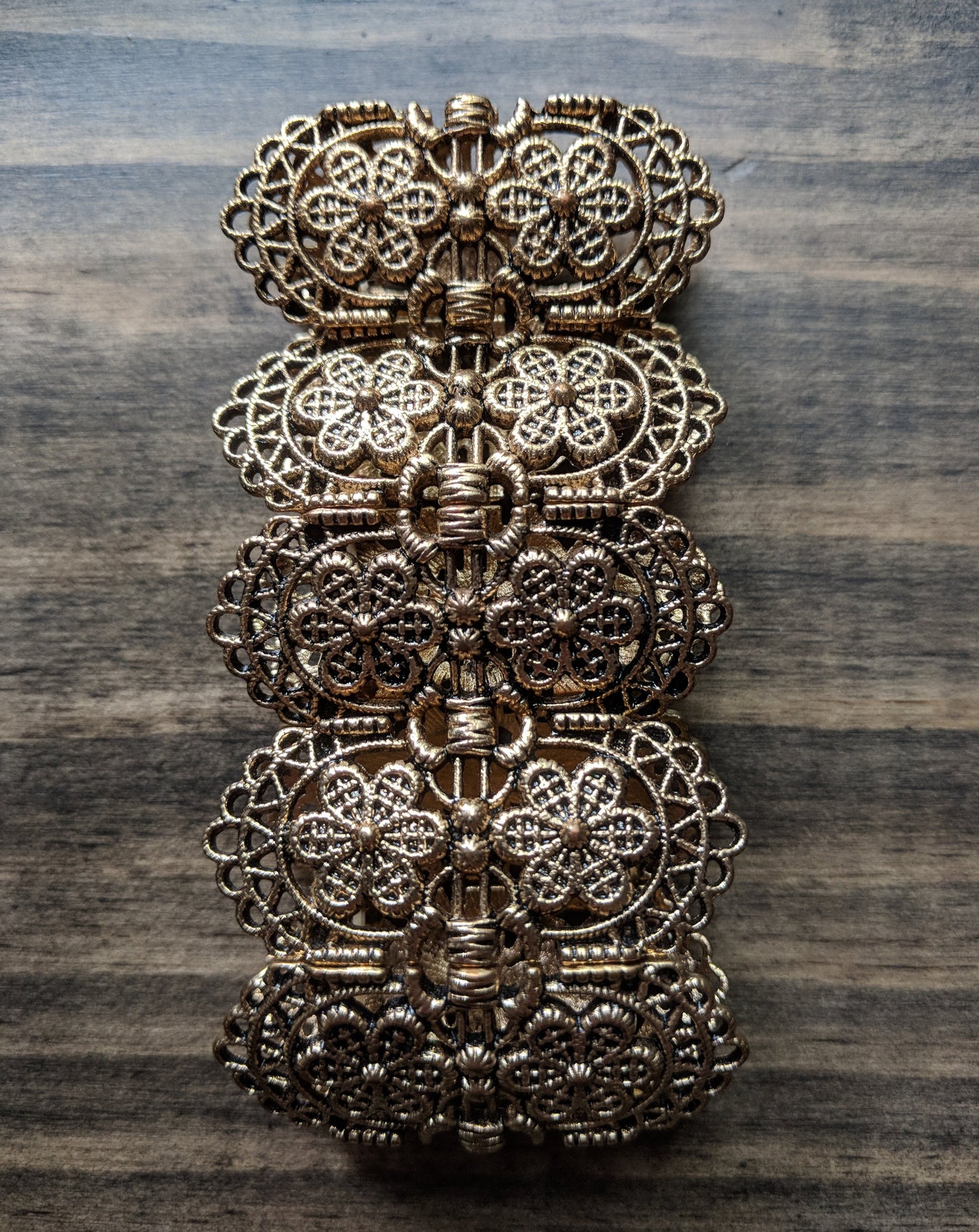 Antiqued Gold Bracelet- Expandable Gold Tone Rectangle Filigree Links