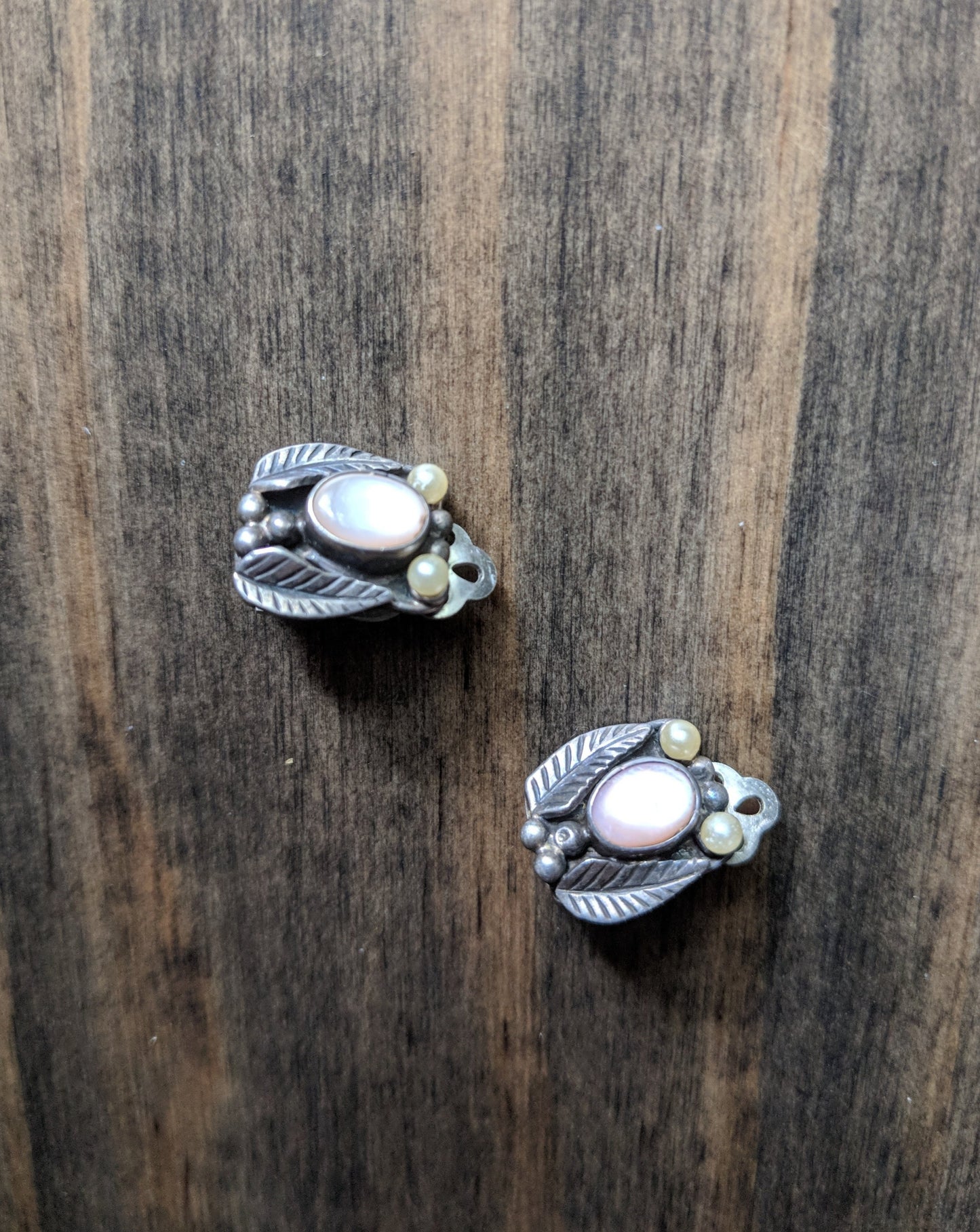 Vintage Silver Clip Earrings w/ Pink Moon Glow and Pearl Accents