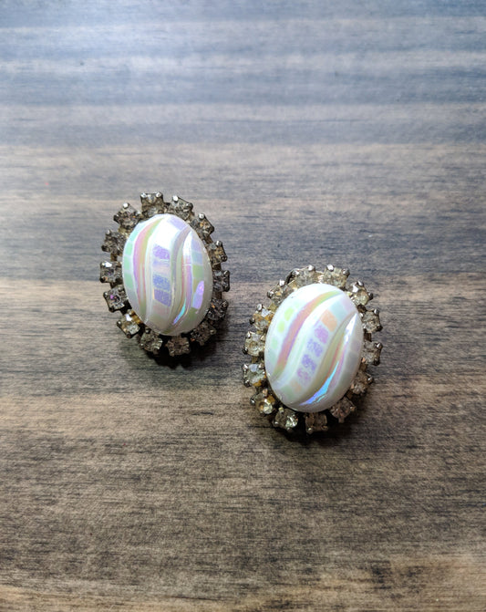 Vintage 50s Earrings Carved Opalescence Center with Clear Rhinestone Trim