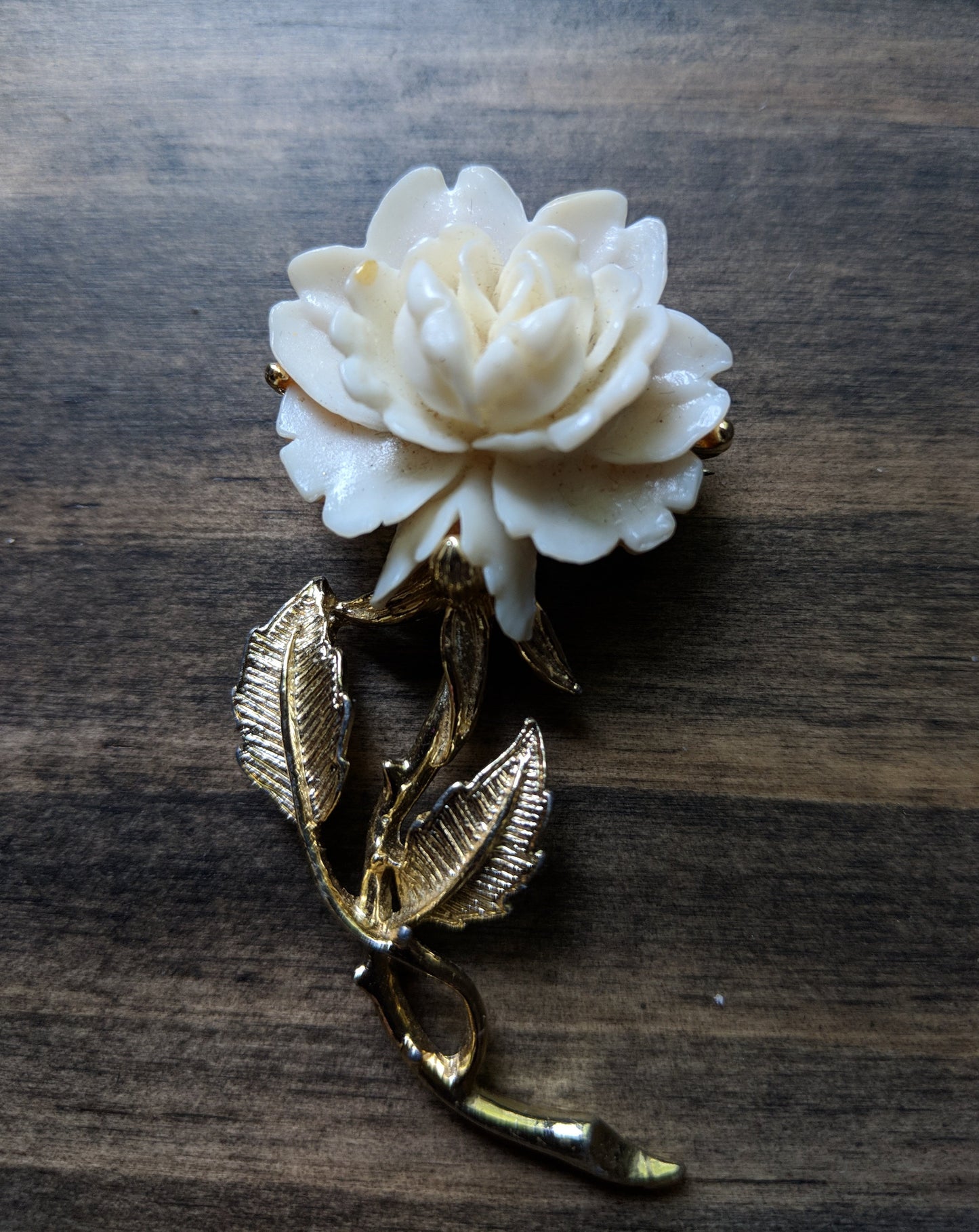 Vintage Rose Brooch Carved Celluloid Plastic Flower Pin Gold Tone