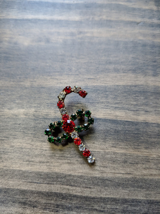 Vintage Brooch Red Green Rhinestone Candy Cane Holiday Christmas Pin