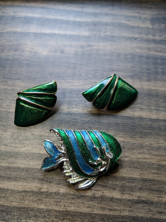 Vintage Enamel Fish Brooch and Earrings