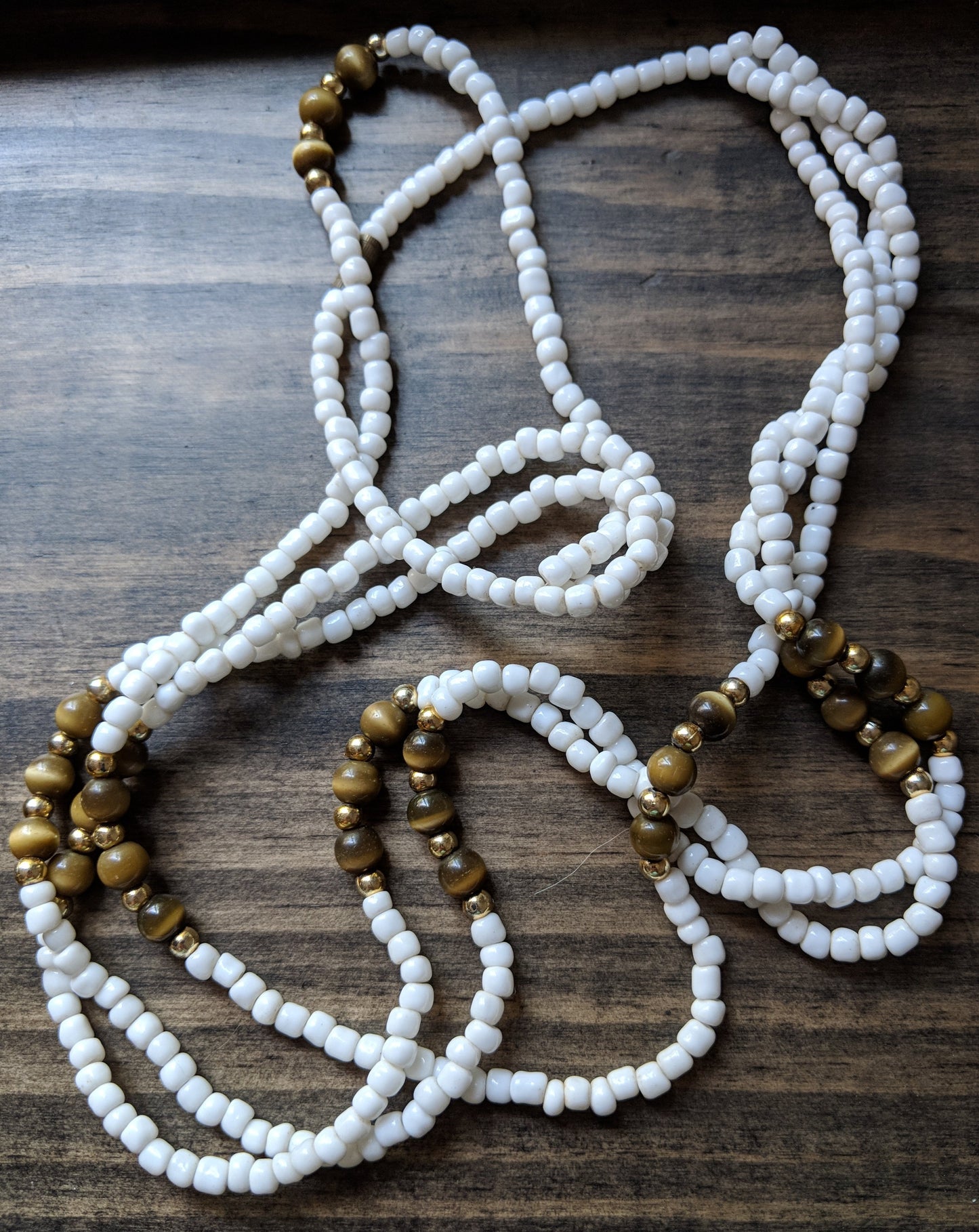 Vintage 60s Triple Strand Necklace Twisted White Beads w/ Tiger Eye Accent
