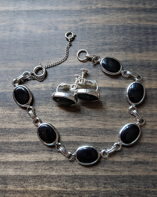Vintage Black & Silver Bracelet w/ Coordinating Earrings