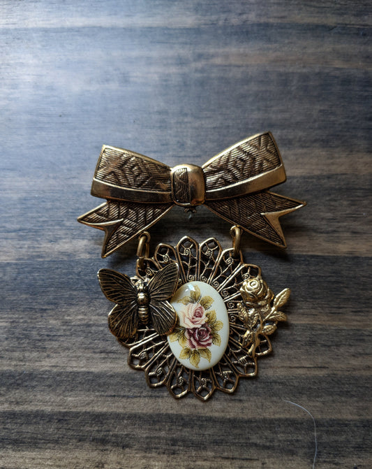 Bow and Butterfly Dangle Brooch