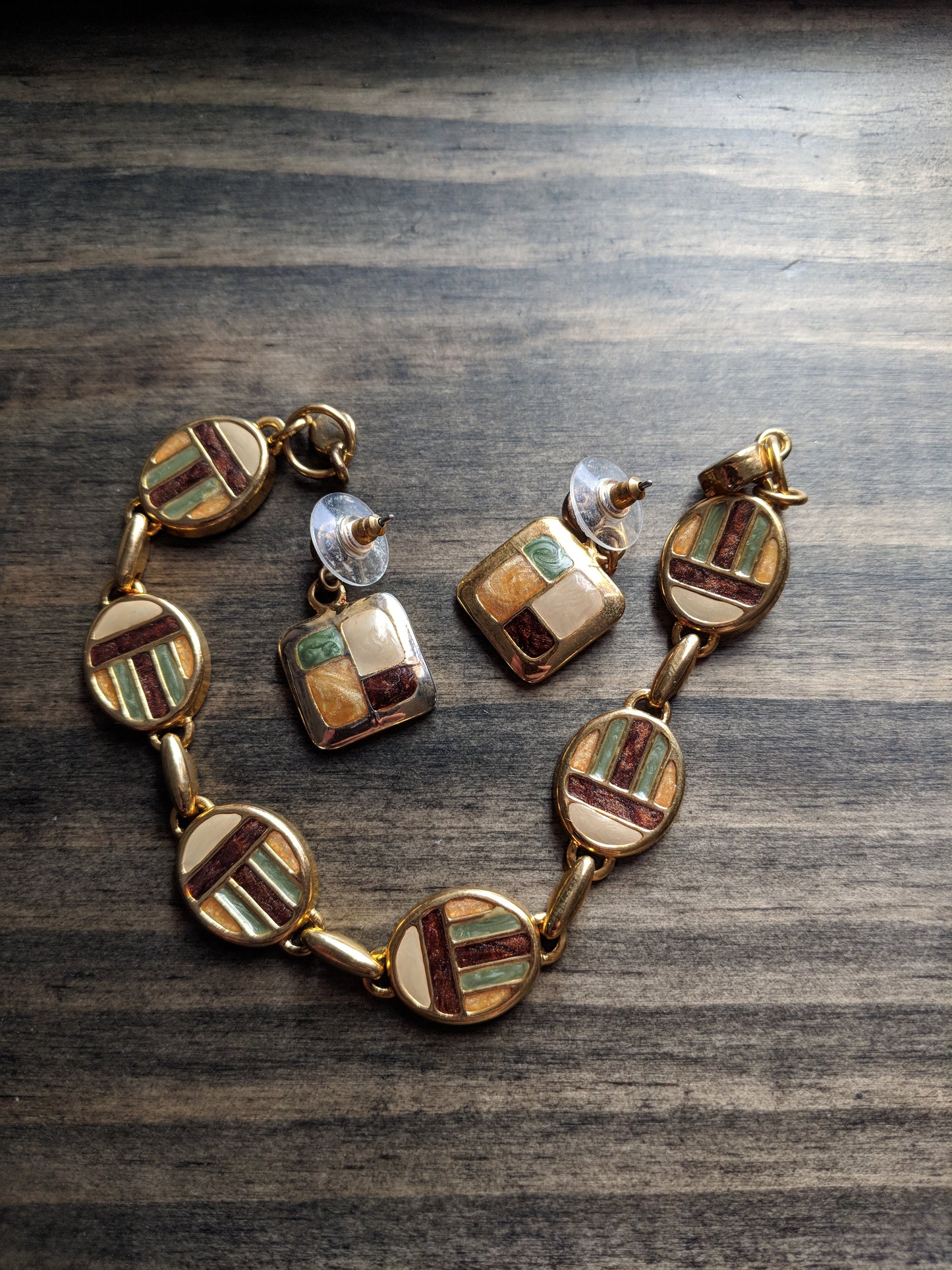 Vintage Bracelet and Earring Set - Earth Tone Enamel w/ Geometric Print