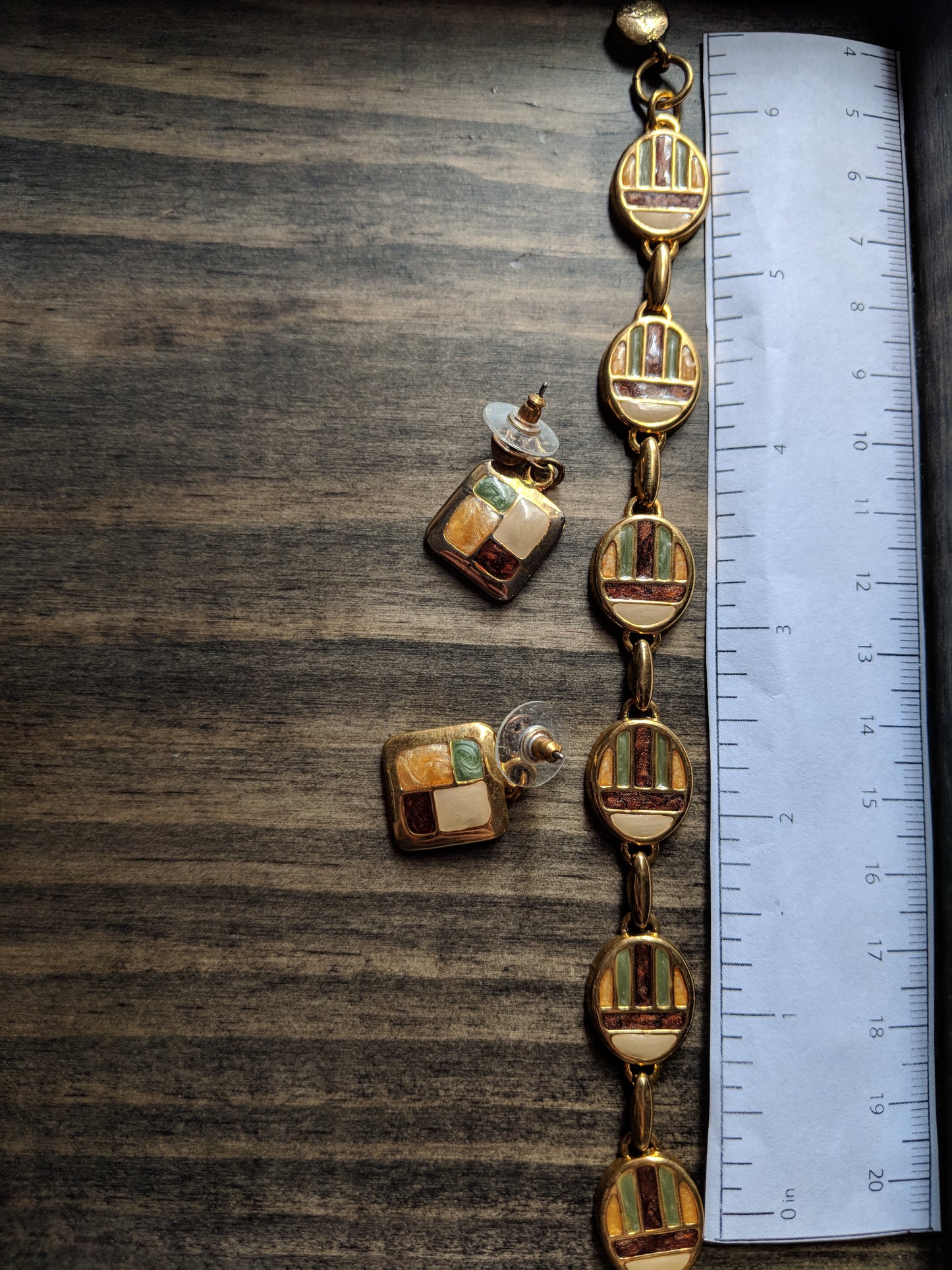 Vintage Bracelet and Earring Set - Earth Tone Enamel w/ Geometric Print
