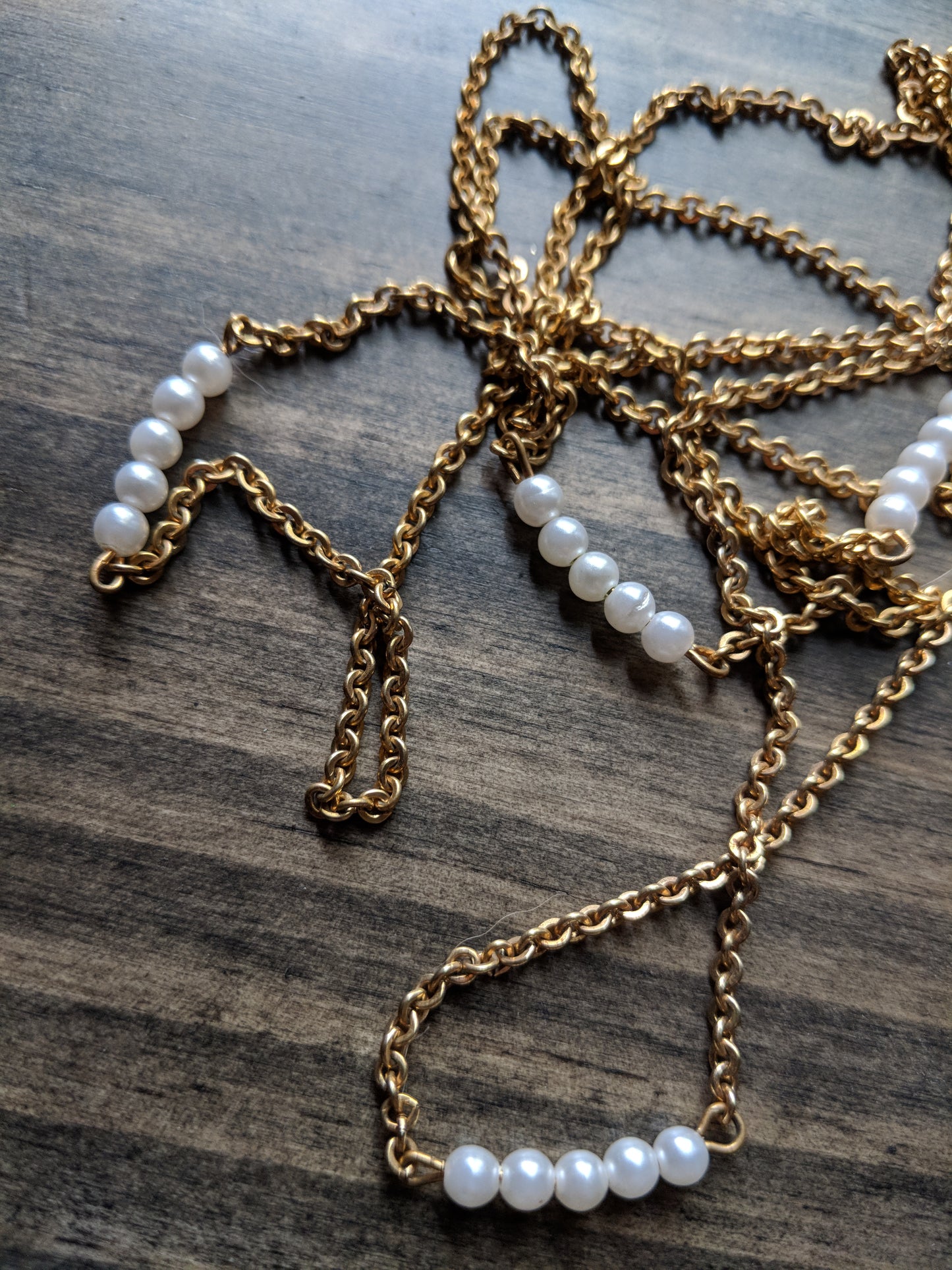 Vintage Gold Tone 40" Necklace w/ Faux Pearl Bar Stations
