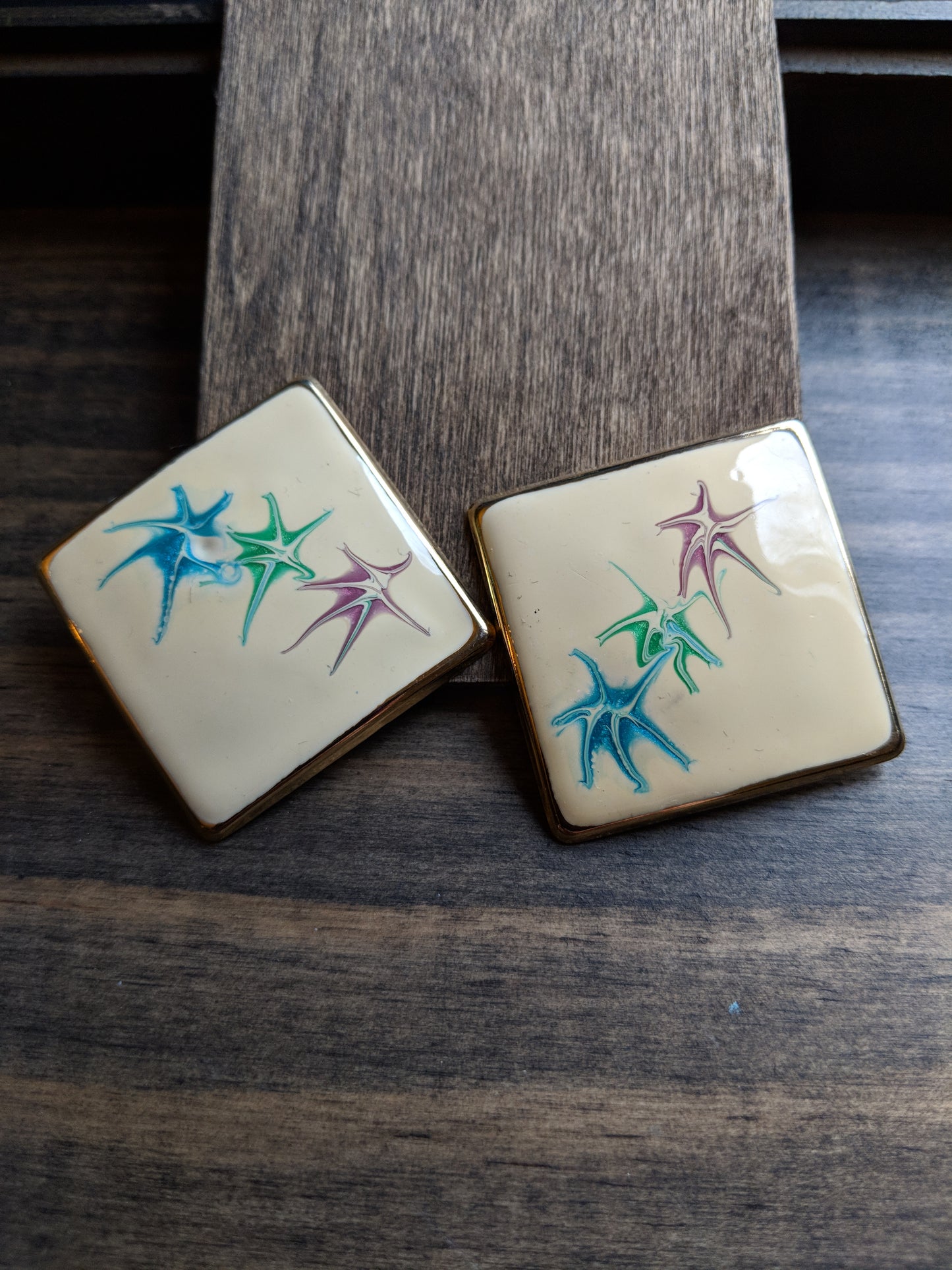 Vintage 80s/90s Square Abstract Enamel Earrings
