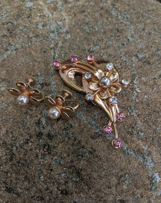 Rose Gold Brooch + Earring Set