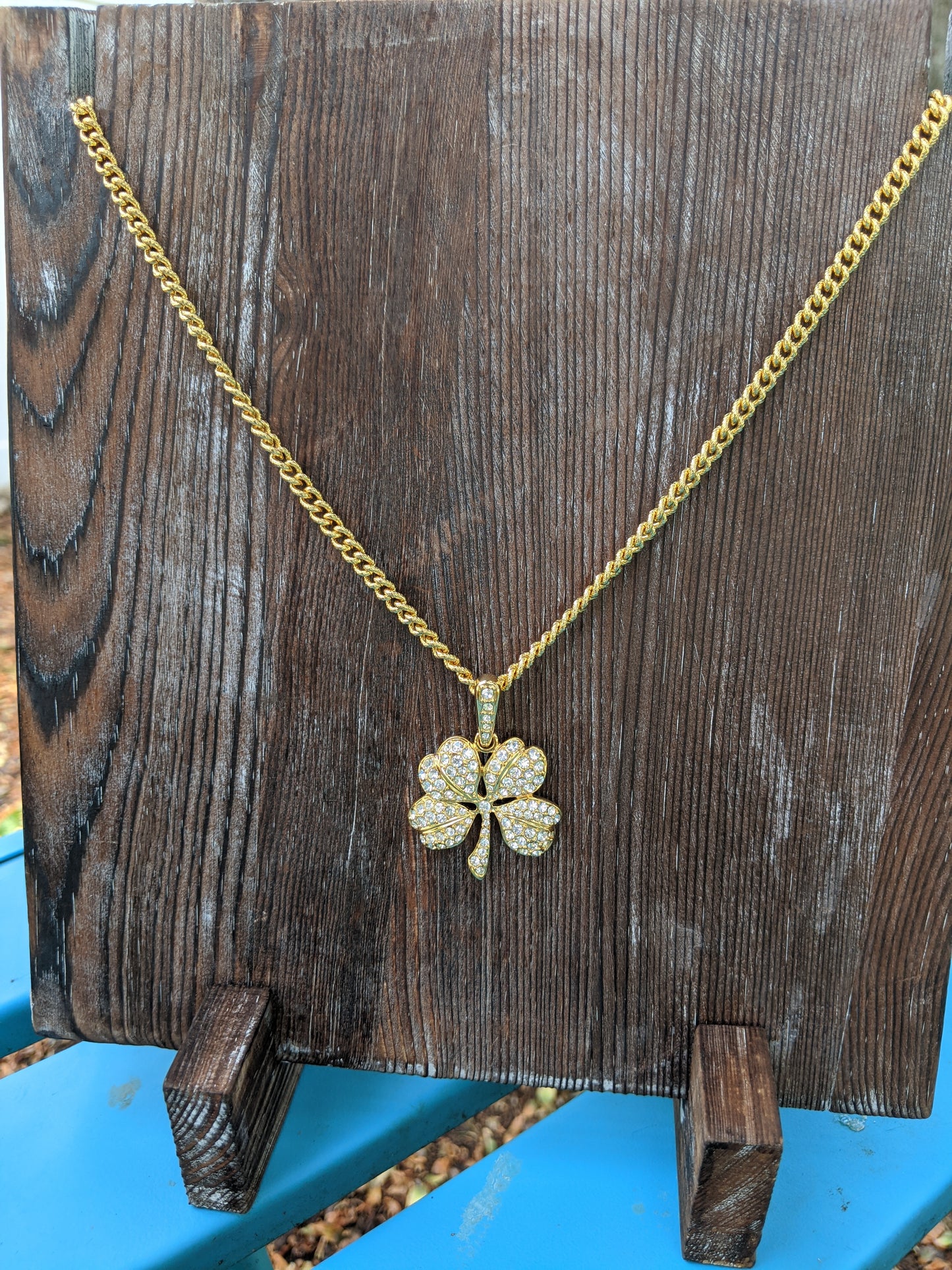 KJL Signed Rhinestone Four Leaf Clover Necklace
