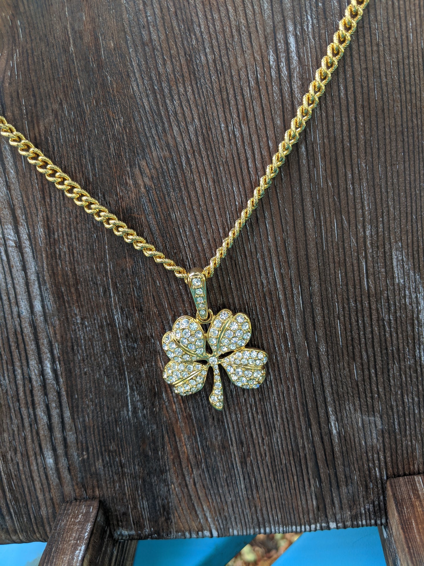 KJL Signed Rhinestone Four Leaf Clover Necklace