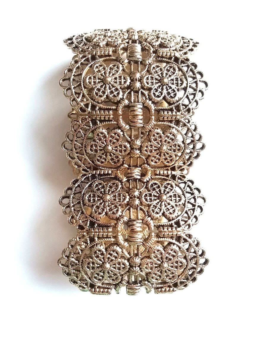 Antiqued Gold Bracelet - Expandable Gold Tone Rectangle Filigree Links - Dirty30 Vintage