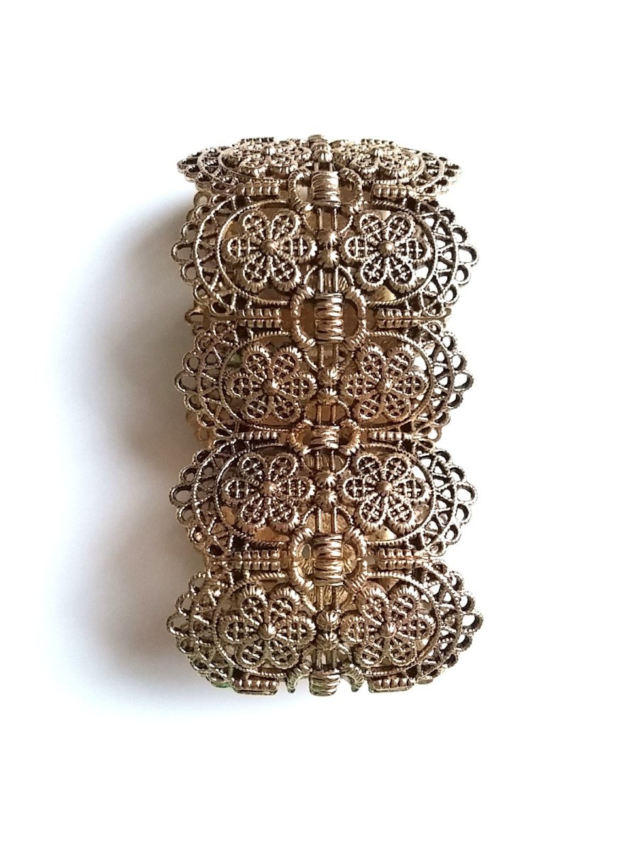 Antiqued Gold Bracelet - Expandable Gold Tone Rectangle Filigree Links - Dirty30 Vintage