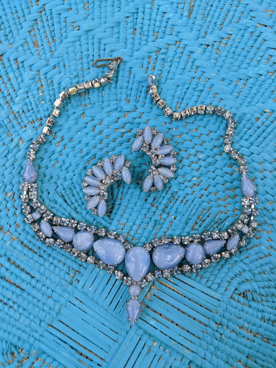 Blue Milkglass Necklace + Earring Set - Dirty30 Vintage