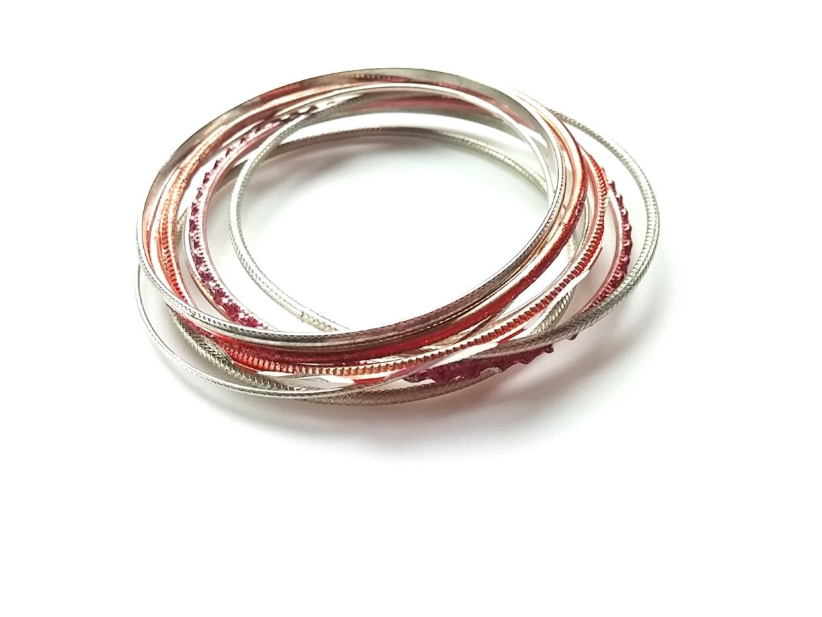 Classic 80s Bangle Bracelets - Silver Tone Red Accents Funky Mixed Styles - Dirty30 Vintage