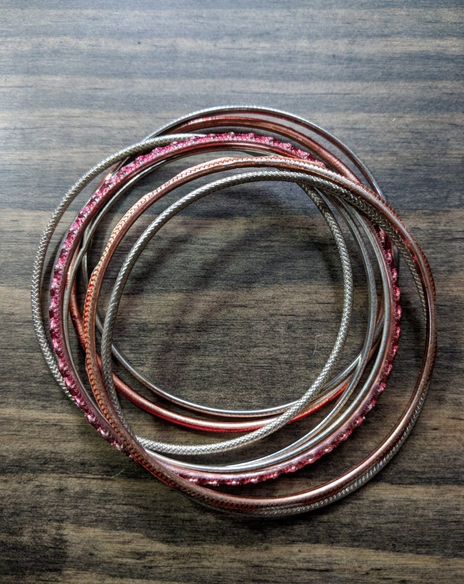 Classic 80s Bangle Bracelets - Silver Tone Red Accents Funky Mixed Styles - Dirty30 Vintage