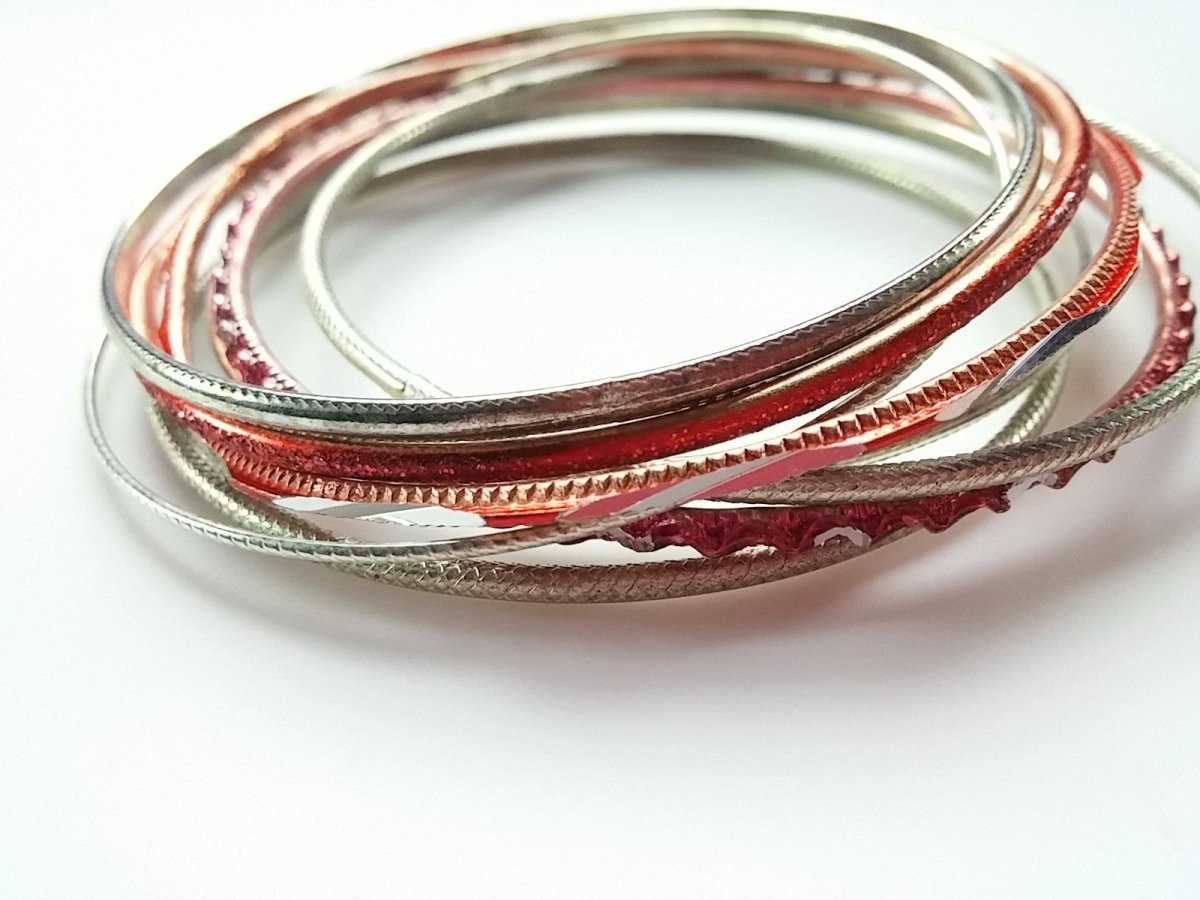 Classic 80s Bangle Bracelets - Silver Tone Red Accents Funky Mixed Styles - Dirty30 Vintage