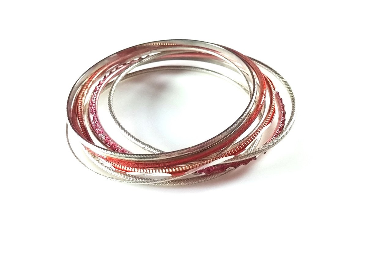 Classic 80s Bangle Bracelets - Silver Tone Red Accents Funky Mixed Styles - Dirty30 Vintage