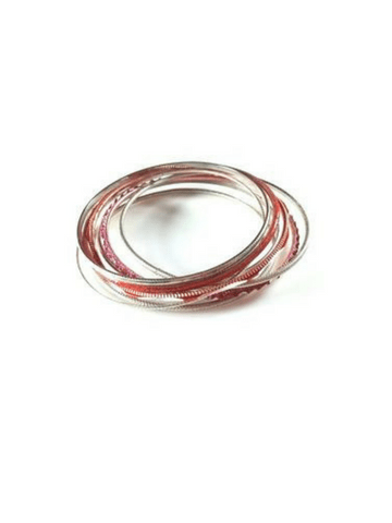 Classic 80s Bangle Bracelets - Silver Tone Red Accents Funky Mixed Styles - Dirty30 Vintage