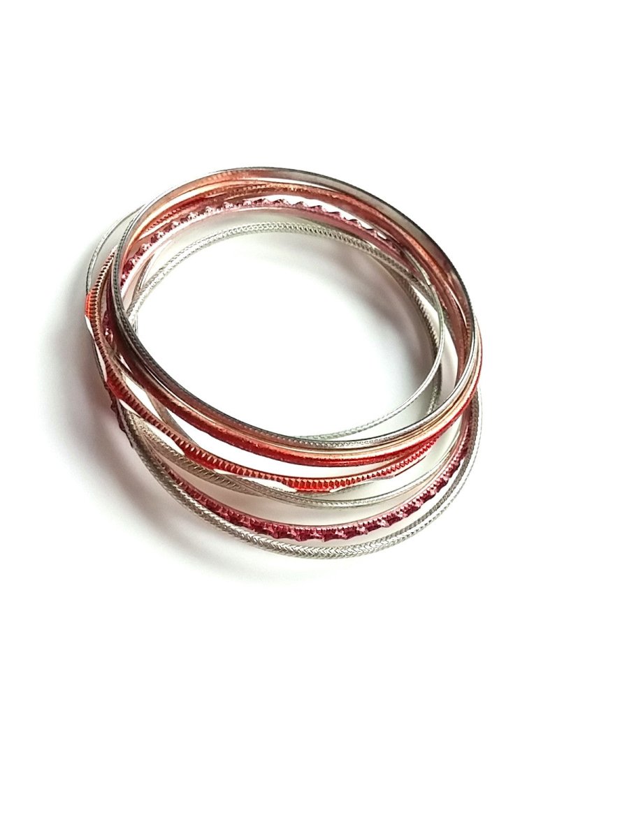 Classic 80s Bangle Bracelets - Silver Tone Red Accents Funky Mixed Styles - Dirty30 Vintage