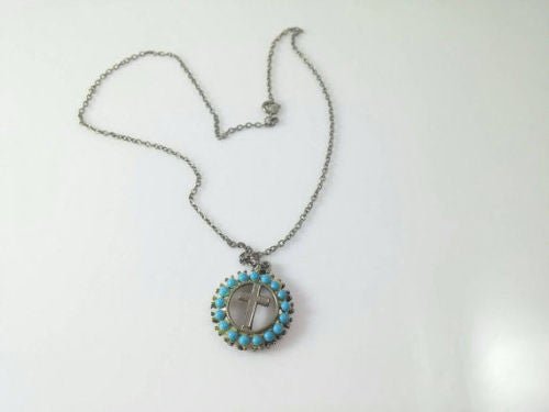 Cross Pendent Necklace - With Circle of Turquoise Colored Beads w/ Chain - Dirty30 Vintage