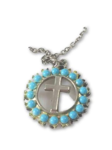 Cross Pendent Necklace - With Circle of Turquoise Colored Beads w/ Chain - Dirty30 Vintage