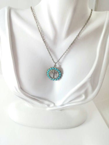 Cross Pendent Necklace - With Circle of Turquoise Colored Beads w/ Chain - Dirty30 Vintage