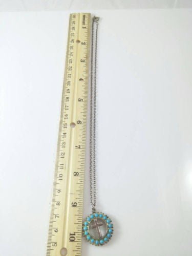 Cross Pendent Necklace - With Circle of Turquoise Colored Beads w/ Chain - Dirty30 Vintage