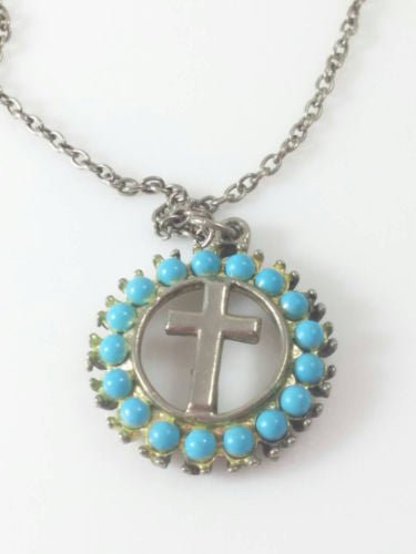 Cross Pendent Necklace - With Circle of Turquoise Colored Beads w/ Chain - Dirty30 Vintage