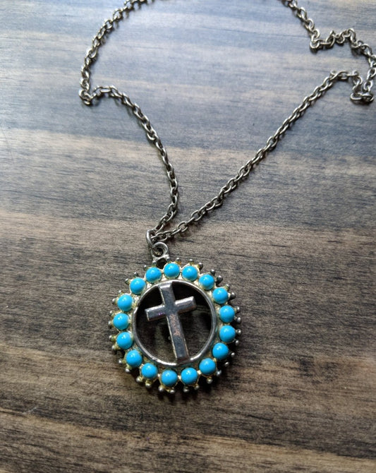 Cross Pendent Necklace - With Circle of Turquoise Colored Beads w/ Chain - Dirty30 Vintage