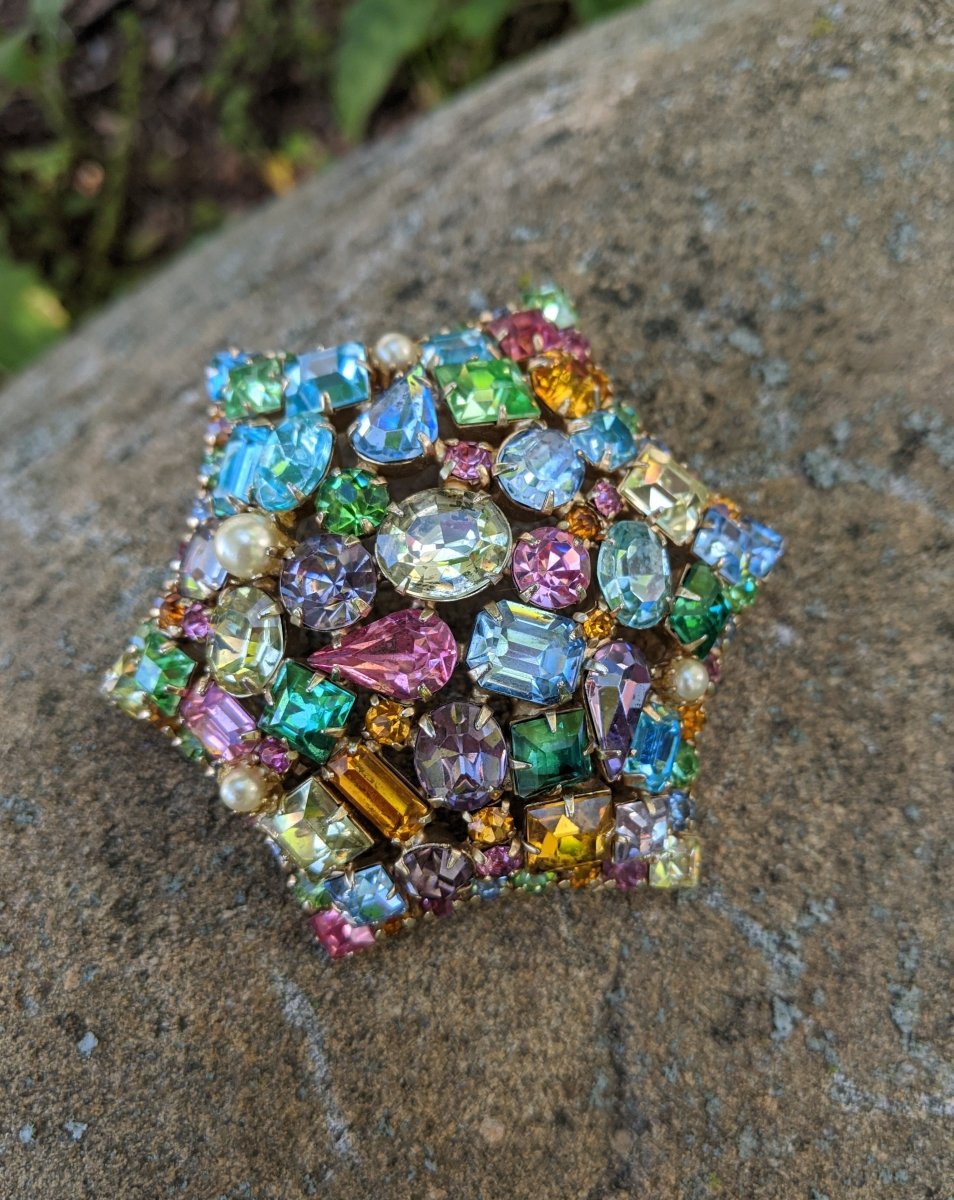 Domed Fruit Salad Rhinestone Brooch - Dirty30 Vintage