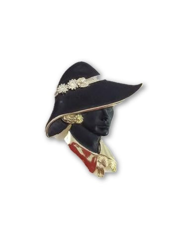 Vintage Torino 1980s Black and Gold Lady in Hat Brooch