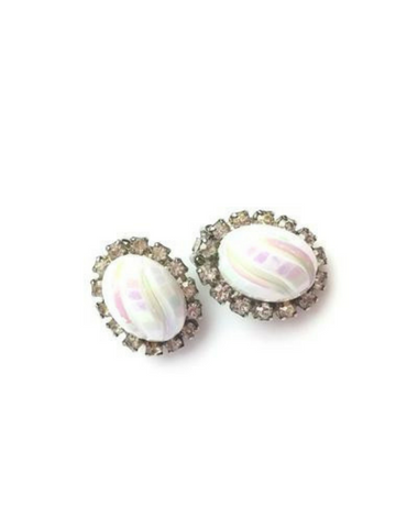Vintage 50s Earrings Carved Opalescence Center with Clear Rhinestone Trim - Dirty 30 Vintage | Vintage Clothing, Vintage Jewelry, Vintage Accessories