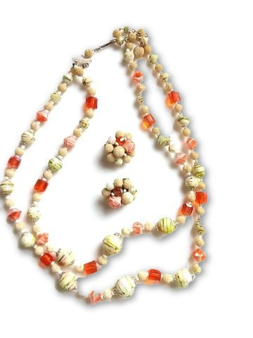 Vintage Japan Double Strand Necklace & Earring Set