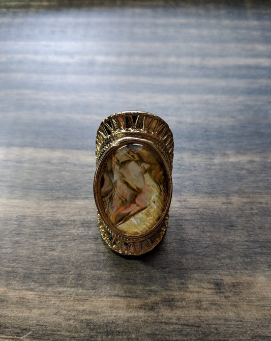 Gold Tone Knuckle Ring Size 7 Faceted Abolone Center - Dirty30 Vintage