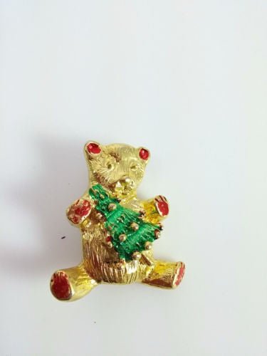 Holiday Brooch - Teddy Bear Christmas Tree Pin - Dirty30 Vintage