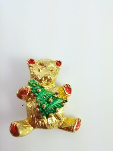 Holiday Brooch - Teddy Bear Christmas Tree Pin - Dirty30 Vintage