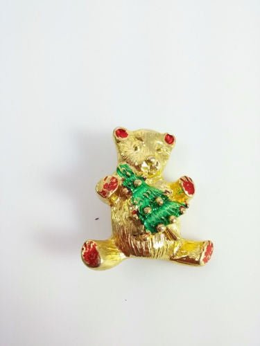 Holiday Brooch - Teddy Bear Christmas Tree Pin - Dirty30 Vintage