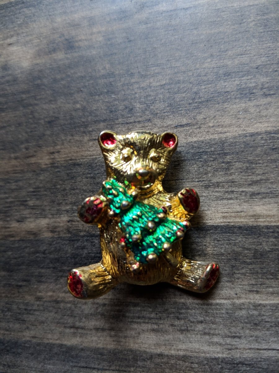 Holiday Brooch - Teddy Bear Christmas Tree Pin - Dirty30 Vintage