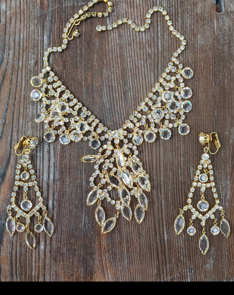 Juliana Crystal Dangle Necklace + Clip Earring Set - Dirty30 Vintage