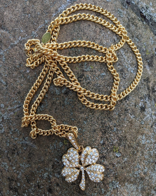 KJL Signed Rhinestone Four Leaf Clover Necklace - Dirty30 Vintage