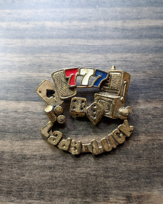 Lady Luck Brooch - Gambling Pin Lucky 7 Gold Tone Novelty Jewelry - Dirty30 Vintage