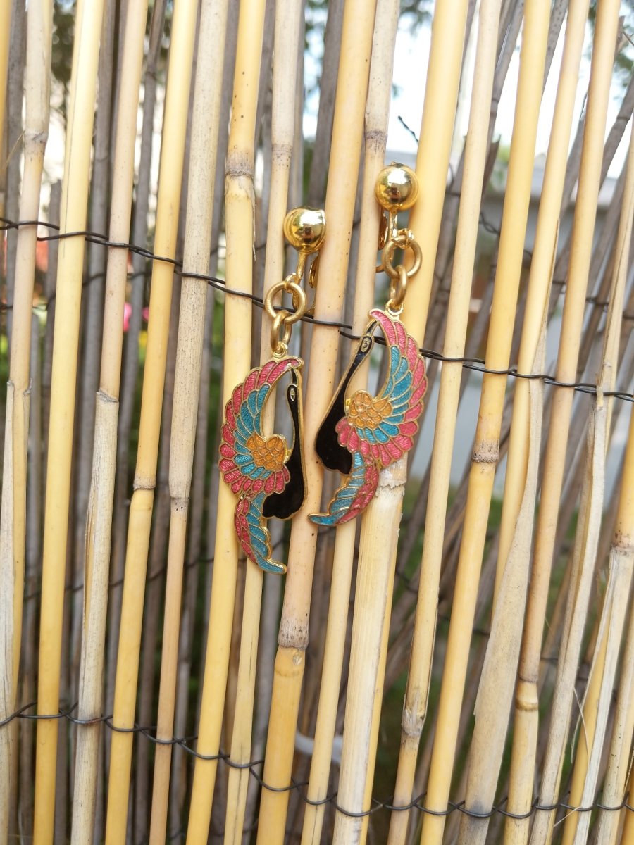Peacock in Flight Earrings - clip back - Dirty30 Vintage