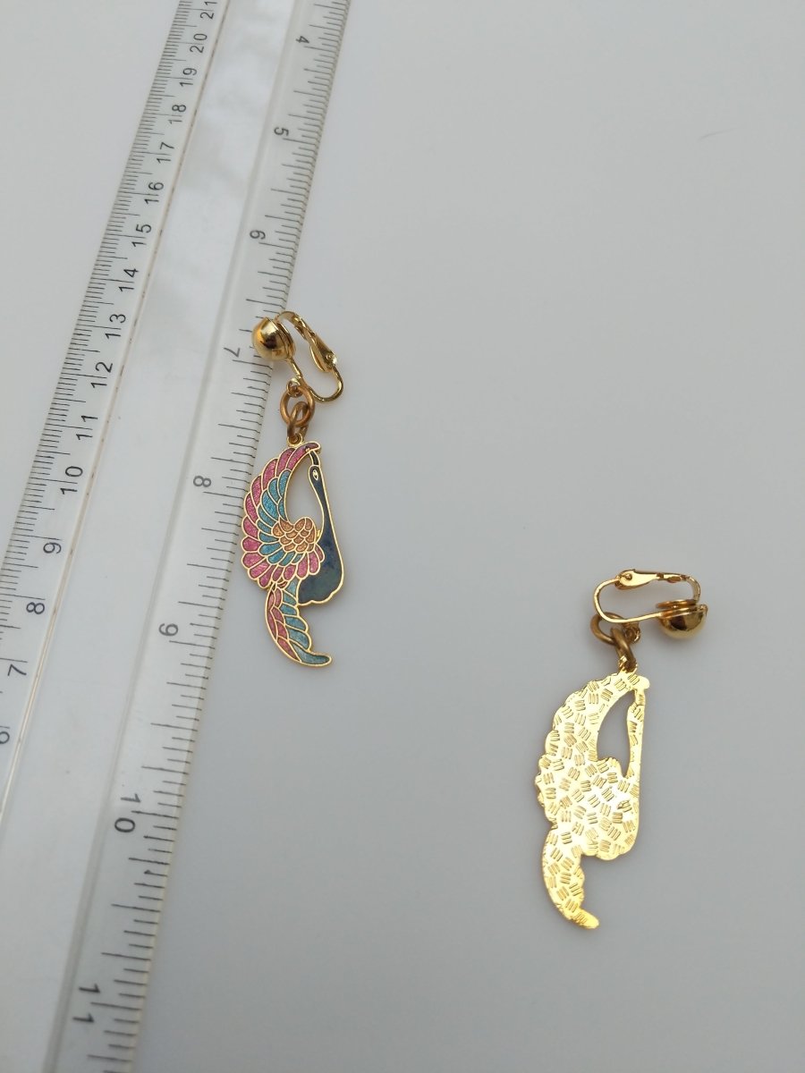 Peacock in Flight Earrings - clip back - Dirty30 Vintage